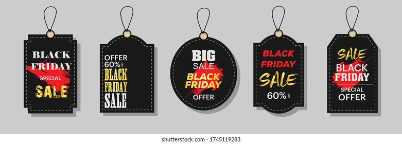 Creative modern Black Friday tag design. white, red, gold & silver. vector illustration.