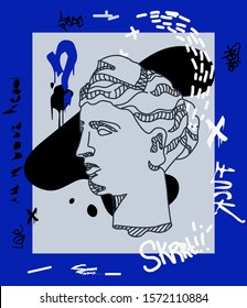 Creative modern blue calligraphy poster, Printing, clothes, bags, invitations, cards, leaflets, T-Shirt Design &etc. Greek youth sculpture.  Vector illustration hand drawn.
