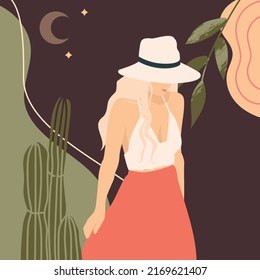 Creative modern boho hand illustration boho chick style beautiful woman vector