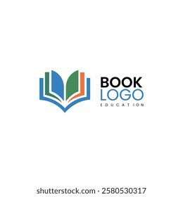 A creative and modern book logo design representing education, learning, and knowledge. The logo features an open book with colorful pages in blue, green, and orange, symbolizing diversity in educatio