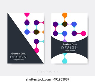 Creative modern brochure design templates science vector background. Flyer, poster, card, report, magazine, booklet or journal cover layout in A4 size with colorful molecular structure elements.