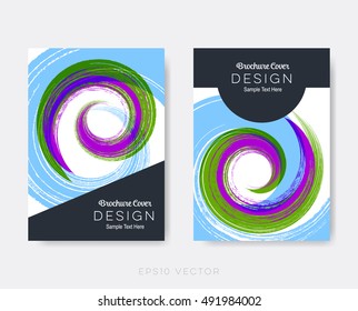 Creative modern brochure design templates spiral vector background. Flyer, poster, card, report, magazine, booklet or journal cover layout in A4 size with colorful hand drawn brush stroke spirals.