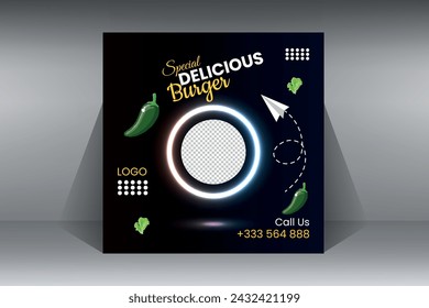 CREATIVE MODERN BURGER BLACK AND BLUE COLOR FOOD SOCIAL MEDIA POST TEMPLATE