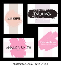 Creative modern business card, invitation templates with hand drawn textures. Abstract design with brush elements. For stylist, makeup artist, photographer. Stylish fashionable elegant templates.
