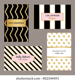 Creative modern business card set. Vector illustration. Abstract background with gold elements. 