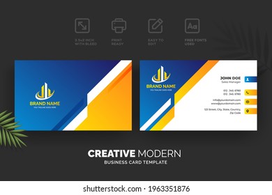 Creative modern business card template with blue and yellow details
