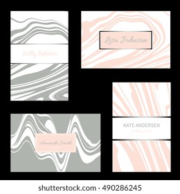 Creative modern business cards, invitations set with abstract marble texture. Vector design concept. For stylist, makeup artist, photographer. Stylish elegant templates. 