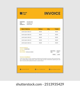 Modelo de design de fatura empresarial moderna criativa. Vetor de fatura comercial editável do formulário de fatura. Conceito de layout de modelo de design de fatura corporativa, imposto de recebimento de vetor ou fatura 