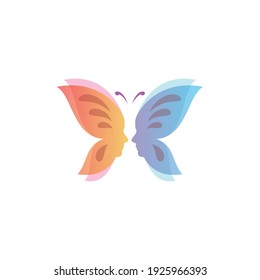 Creative modern Butterfly with two face people logo design template vector illustration.