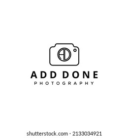 Creative modern camera photography with AD lens logo icon vector template