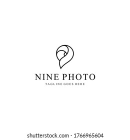 Creative modern camera photography on number nine logo icon vector template