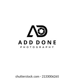 Creative modern camera photography on initial AD logo icon vector template