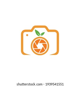 Creative modern camera photography with orange fruit logo icon vector template