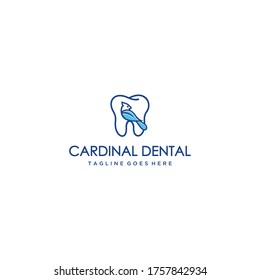 Creative modern cardinal bird on dental sign logo symbol template