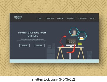 Creative modern children, teenager room interior with furniture, toys and books. Horizontal banner on wooden pattern backdrop. Vector illustration. Flat design. Icons set.