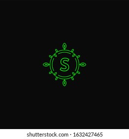 creative modern circle green nature outline S logotype vector illustration design concept isolated on black background.