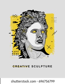 Creative modern classical Sculpture. Apollo. T-Shirt Design & Printing, clothes, bags, posters, invitations, cards, leaflets etc. Vector illustration hand drawn.