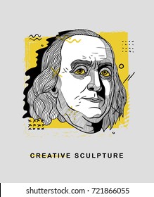 Creative modern classical Sculpture. Benjamin Franklin. T-Shirt Design & Printing, clothes, bags, posters, invitations, cards, leaflets etc. Vector illustration hand drawn.