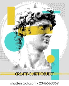 Creative modern classical Sculpture David art poster. Aesthetic contemporary art collage. Classical and antiquity with abstract shapes. Retro Futuristic 80s, 90s in art exhibition illustration. Vector