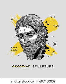 Creative modern classical Sculpture. Jesus. T-Shirt Design & Printing, clothes, bags, posters, invitations, cards, leaflets etc. Vector illustration hand drawn.