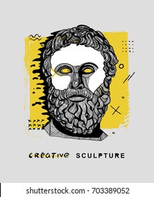 Creative modern classical Sculpture.  Philosopher. T-Shirt Design & Printing, clothes, bags, posters, invitations, cards, leaflets etc. Vector illustration hand drawn.