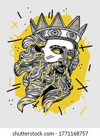Creative modern classical Sculpture. Poseidon. T-Shirt Design & Printing, clothes, bags, posters, invitations, cards, leaflets etc. Vector illustration hand drawn.
