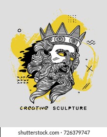 Creative modern classical Sculpture. Poseidon. T-Shirt Design & Printing, clothes, bags, posters, invitations, cards, leaflets etc. Vector illustration hand drawn.