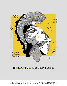 Creative modern classical Sculpture. T-Shirt Design & Printing, clothes, bags, posters, invitations, cards, leaflets etc. Vector illustration hand drawn. Athena the ancient Greek goddess of wisdom.