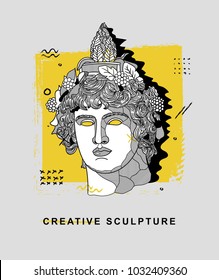 Creative modern classical Sculpture. T-Shirt Design & Printing, clothes, bags, posters, invitations, cards, leaflets etc. Vector illustration hand drawn. Dionysus or Bacchus.