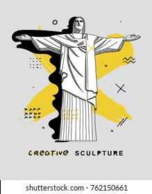 Creative modern classical Sculpture. T-Shirt Design & Printing, clothes, bags, posters, invitations, cards, leaflets etc. Vector illustration hand drawn.Christ the Redeemer  