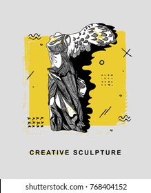 Creative modern classical Sculpture. T-Shirt Design & Printing, clothes, bags, posters, invitations, cards, leaflets etc. Vector illustration hand drawn. Winged Victory Of Samothrace
