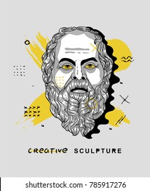 Creative modern classical Sculpture. T-Shirt Design & Printing, clothes, bags, posters, invitations, cards, leaflets etc. Vector illustration hand drawn. Socrates