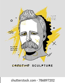 Creative modern classical Sculpture. T-Shirt Design & Printing, clothes, bags, posters, invitations, cards, leaflets etc. Vector illustration hand drawn. Friedrich Wilhelm Nietzsche
