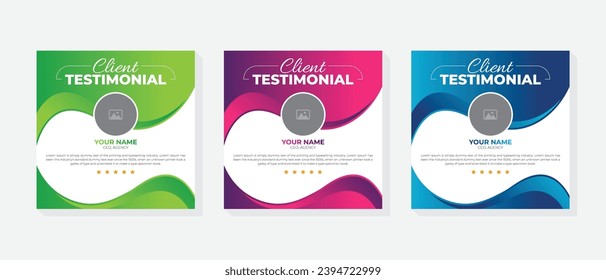 Creative and modern client testimonials social media post banner design template, Square size 3 colorful layout.