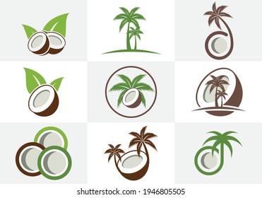 Creative modern coconut with leaves sign logo design template. Icon set