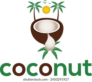 Creative modern coconut with spilled coconut water, with leaves and tree sign logo design template, coconut logo vector 