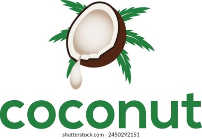 Creative modern coconut with spilled coconut water, with leaves and tree sign logo design template, coconut logo vector 