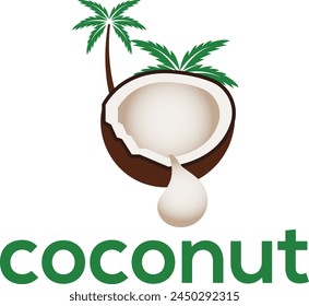 Creative modern coconut with spilled coconut water, with leaves and tree sign logo design template, coconut logo vector 