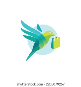 Creative Modern Colorful Origami Bird Holding A Shopping Bag Logo Concept. Vector Logo Template.