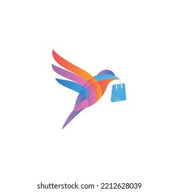 Creative Modern Colorful Origami Bird Holding A Shopping Bag Logo Concept. Vector Logo Template.