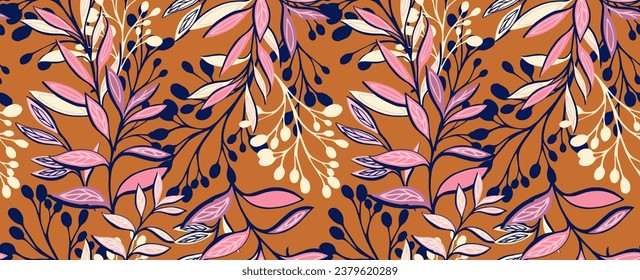 Creative, modern, colorful, stylized branches leaves stem seamless pattern. Vector hand drawn. Template for design, textile, fashion, print, surface design, fabric, interior decor, wallpaper