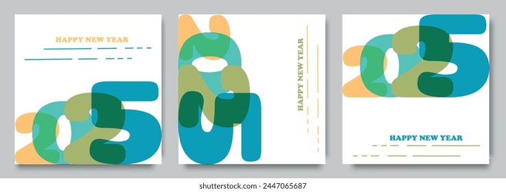 Creative modern concept for Happy New Year 2025 poster set. Designer geometric templates with 2025 typographic logo for holiday and season decoration. Minimalistic fashion backgrounds for branding