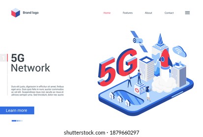 Creative modern concept landing page, design with cartoon 3d tech global network of high speed innovation telecommunication in smart city. Isometric 5G telecom network technology vector illustration