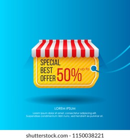 Diseño creativo y moderno de publicidad con la etiqueta que muestra la mejor oferta de ventas bajo una tienda a rayas sobre fondo azul vivo