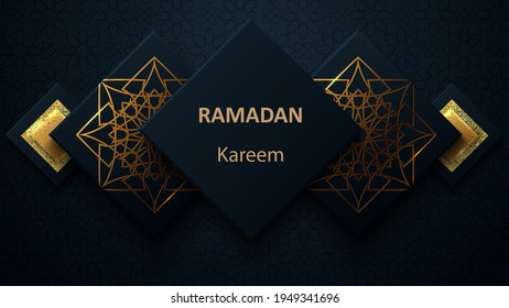 Creative modern design with geometric arabic gold pattern on textured background. Islamic holy holiday Ramadan Kareem. Greeting card or banner. Vector illustration