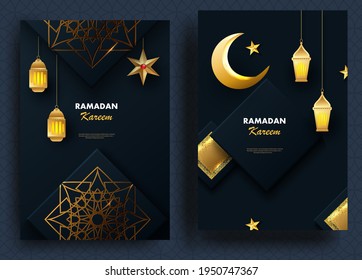 Creative modern design with geometric arabic gold pattern on textured background. Islamic holy holiday Ramadan Kareem. Greeting card or banner. Vector illustration