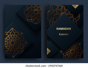 Creative modern design with geometric arabic gold pattern on textured background. Islamic holy holiday Ramadan Kareem. Greeting card or banner. Vector illustration