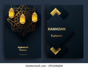 Diseño creativo y moderno con un patrón geométrico de oro árabe sobre fondo texturado. Sagrada festividad islámica Ramadan Kareem. Tarjeta de saludo o pancarta. Ilustración del vector