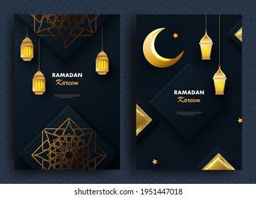 Kreatives modernes Design mit geometrischem arabischen goldenen Muster auf strukturiertem Hintergrund. Islamischer heiliger Feiertag Ramadan Kareem. Grußkarte oder Banner. Vektorgrafik