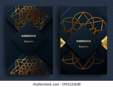 Creative modern design with geometric arabic gold pattern on textured background. Islamic holy holiday Ramadan Kareem. Greeting card or banner. Vector illustration